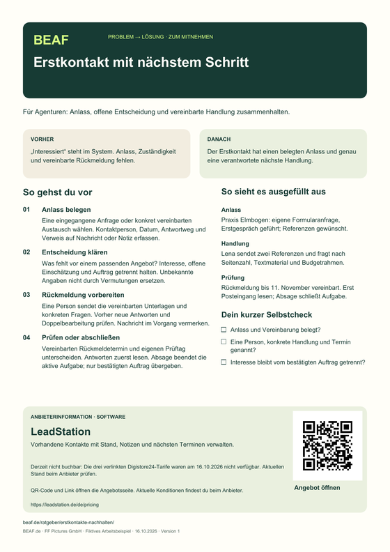 Vorschau des einseitigen PDF-Praxisplans: Erstkontakt mit nächstem Schritt