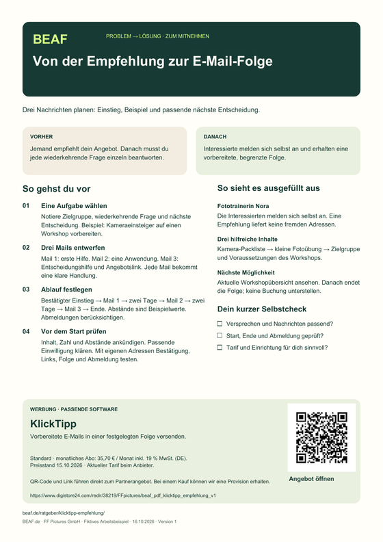 Vorschau des einseitigen PDF-Praxisplans: Von der Empfehlung zur E-Mail-Folge