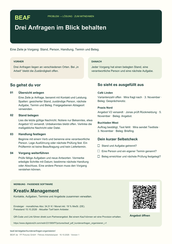Vorschau des einseitigen PDF-Praxisplans: Drei Anfragen im Blick behalten