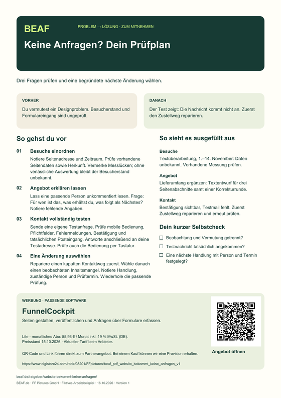 Vorschau des einseitigen PDF-Praxisplans: Keine Anfragen? Dein Prüfplan