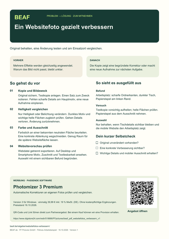 Vorschau des einseitigen PDF-Praxisplans: Ein Websitefoto gezielt verbessern
