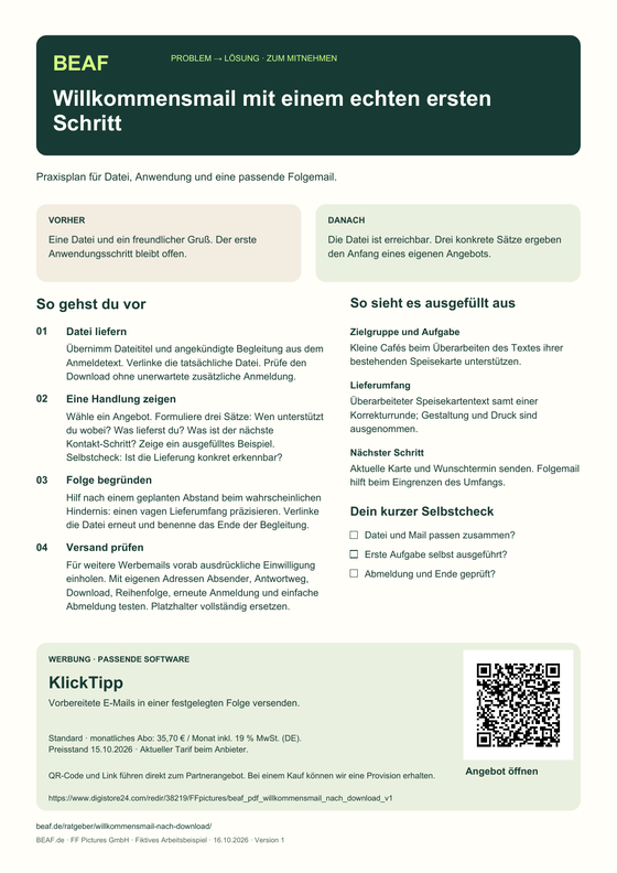 Vorschau des einseitigen PDF-Praxisplans: Willkommensmail mit einem echten ersten Schritt